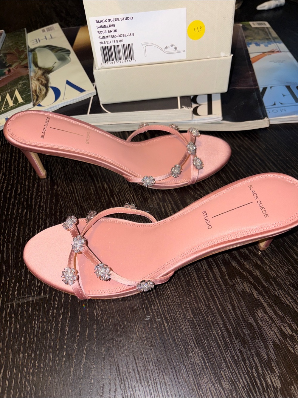 Black Suede Studio Rose Satin Jeweled heels